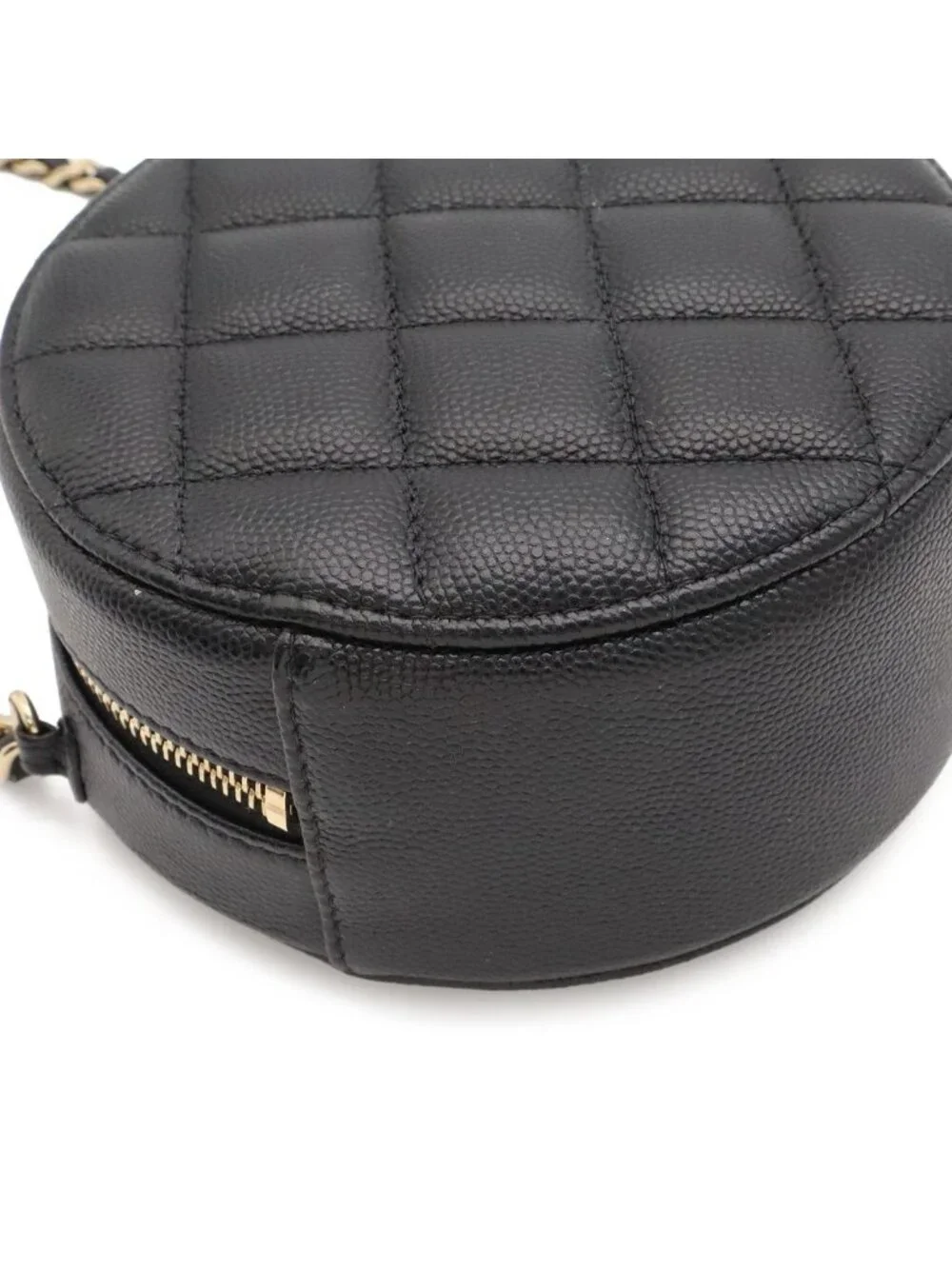 Chanel Quilted Chain Shoulder Bag Pochette Round Crossbody Caviar Leather Black